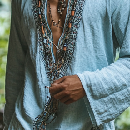 Men's Deep V Neck Vintage Bohemian Printed Linen Shirt Long Sleeve Holiday Beach Shirt