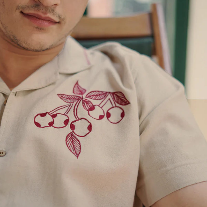 Men's Cherry Embroidery Caribbean Beige Shirt