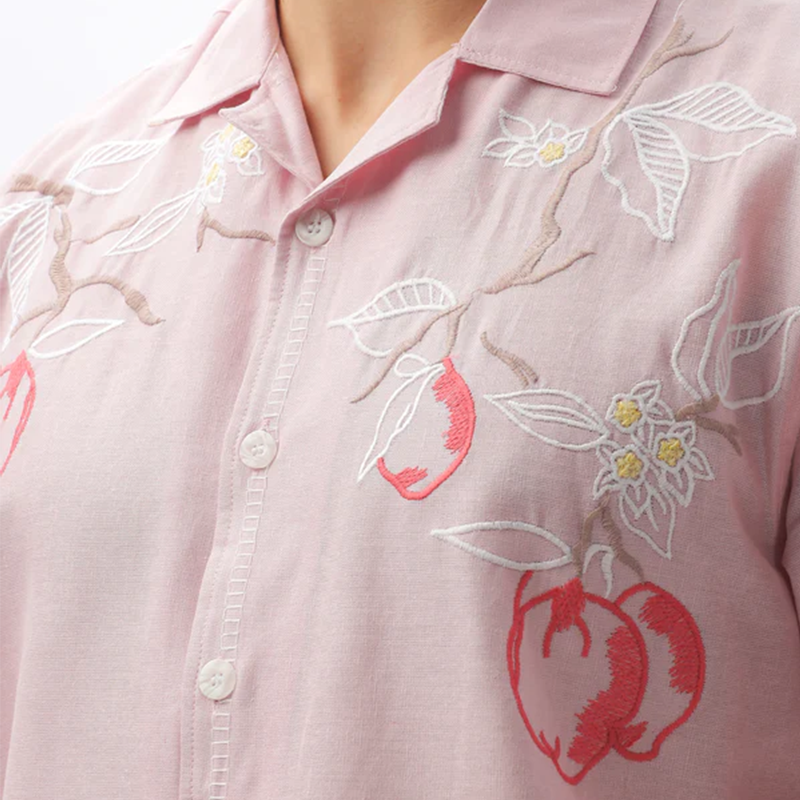 Men's Pink Floral Embroidery Casual Shirt