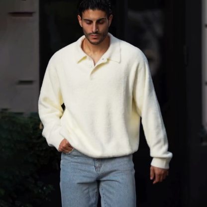 Men's Plush Knit Polo Sweater, Long Sleeve Soft Relaxed Fit Fuzzy Mock Neck Pullover, Fall Winter Casual Thermal Sweater