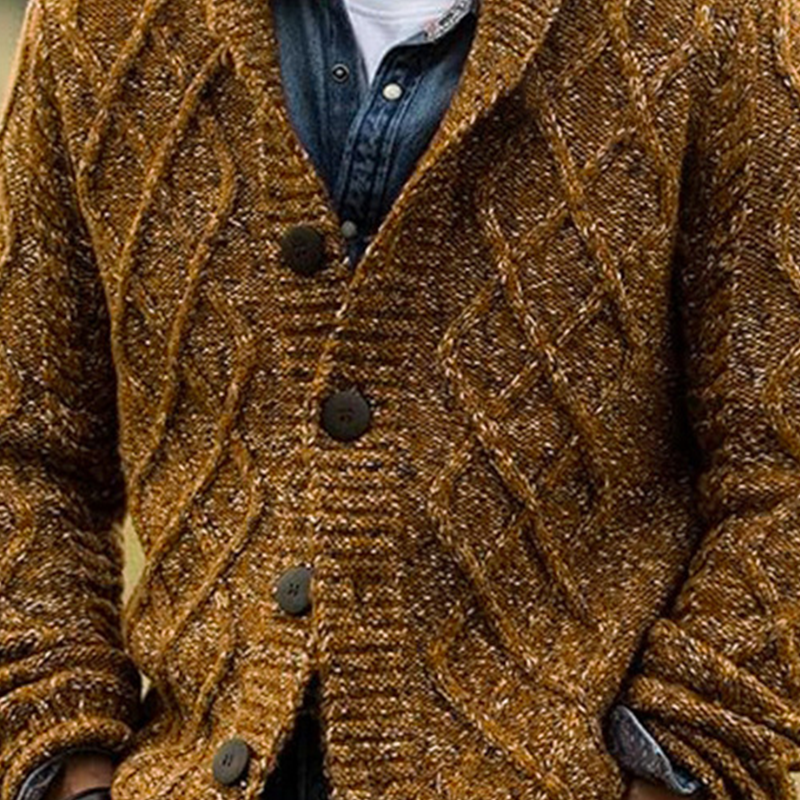 Men's Vintage Diamond-patterned Knitted Cardigan, Thickened Knitted Wool Coat for Fall and Winter