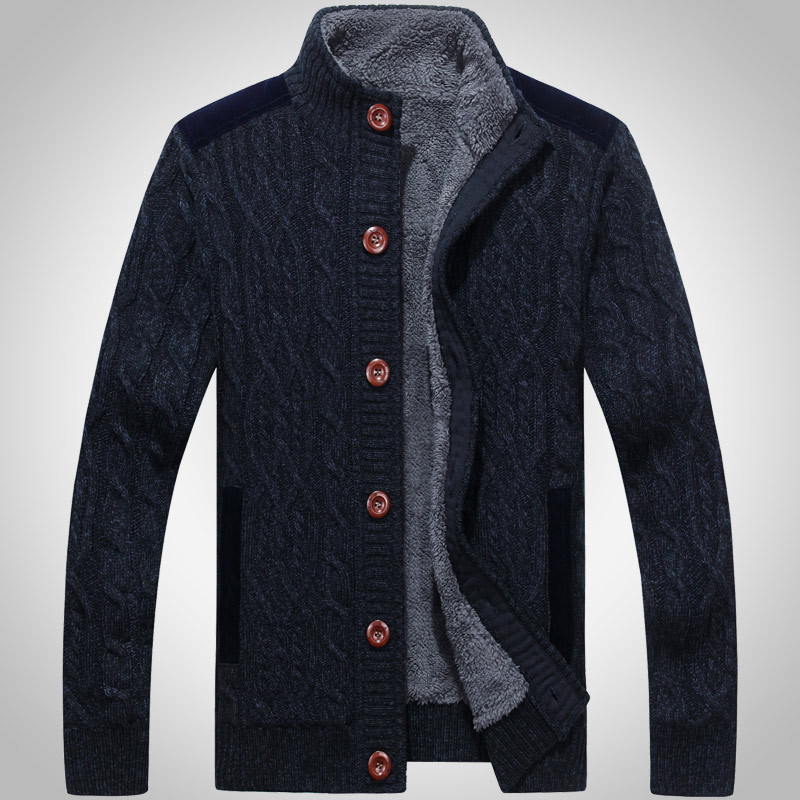 Men's Winter Warm Thick Cotton Plush Sweater Jacket, Thick & Plush Cable Knit Pullover with Stand Collar, Single Breasted Cardigan Casual Sweater Knitwear