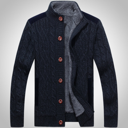 Men's Winter Warm Thick Cotton Plush Sweater Jacket, Thick & Plush Cable Knit Pullover with Stand Collar, Single Breasted Cardigan Casual Sweater Knitwear