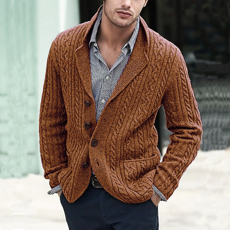 Men's Cable Knit Cardigan with Side Pockets, Retro Style Knitted Cardigan, Autumn and Winter Cable Knit Sweater, Casual Long Sleeve Lapel Cardigan for Men
