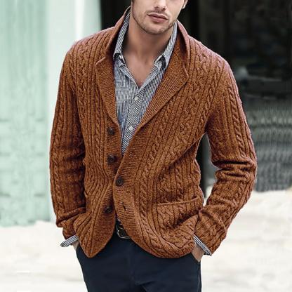 Men's Cable Knit Cardigan with Side Pockets, Retro Style Knitted Cardigan, Autumn and Winter Cable Knit Sweater, Casual Long Sleeve Lapel Cardigan for Men