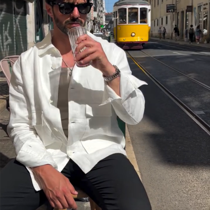 Men's Solid Color Work Jacket with Multiple Pockets, Casual Utility Coat for Everyday Wear, Relaxed Fit Outdoor Jacket for Men