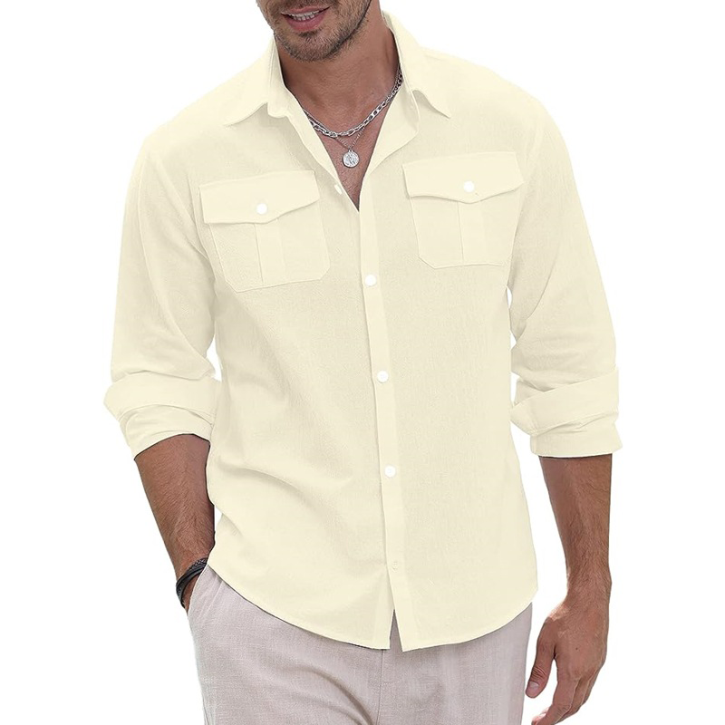 Men's Linen Shirt Long Sleeve, Relaxed Fit Breathable Button Down Shirt for Summer, Casual Beach Resort Wear & Versatile Cover-Up