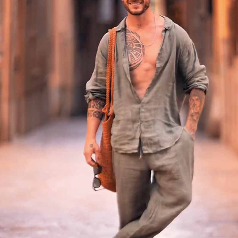 Men's Casual Linen Shirt and Pants Set, 2 Piece Linen Comfortable Outfit Co-ords for Spring & Fall