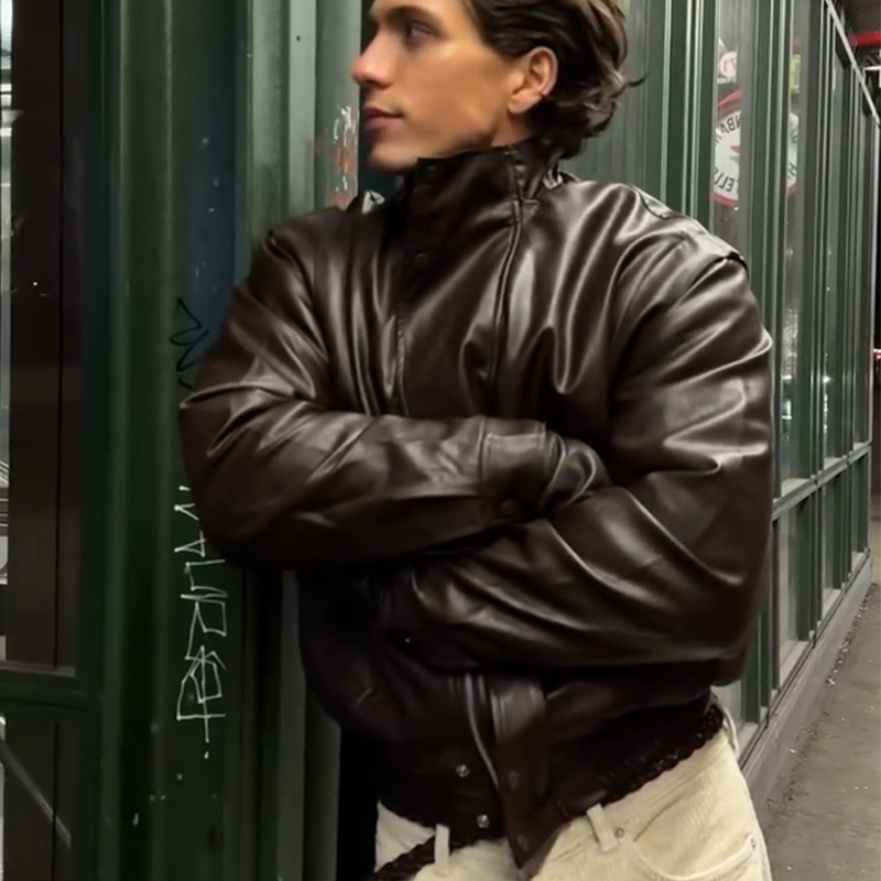 Men's Retro Brown Classic Black Leather Bomber Jacket, Vintage Pilot Leather Jacket for Men, Regular and Padded Styles Are Suitable for Autumn and Winter