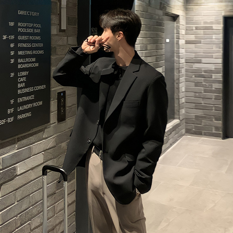 Men's Casual Blazer Jacket, Trendy Black Slim-Fit Suit Coat, Loose-Fit Autumn Fashion Single Breasted Outerwear