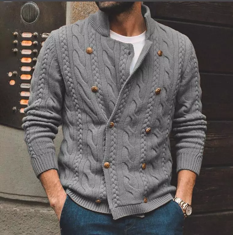 Men's 2024 Fashion Stand Collar Double Breast Knitted Sweater Cardigan 