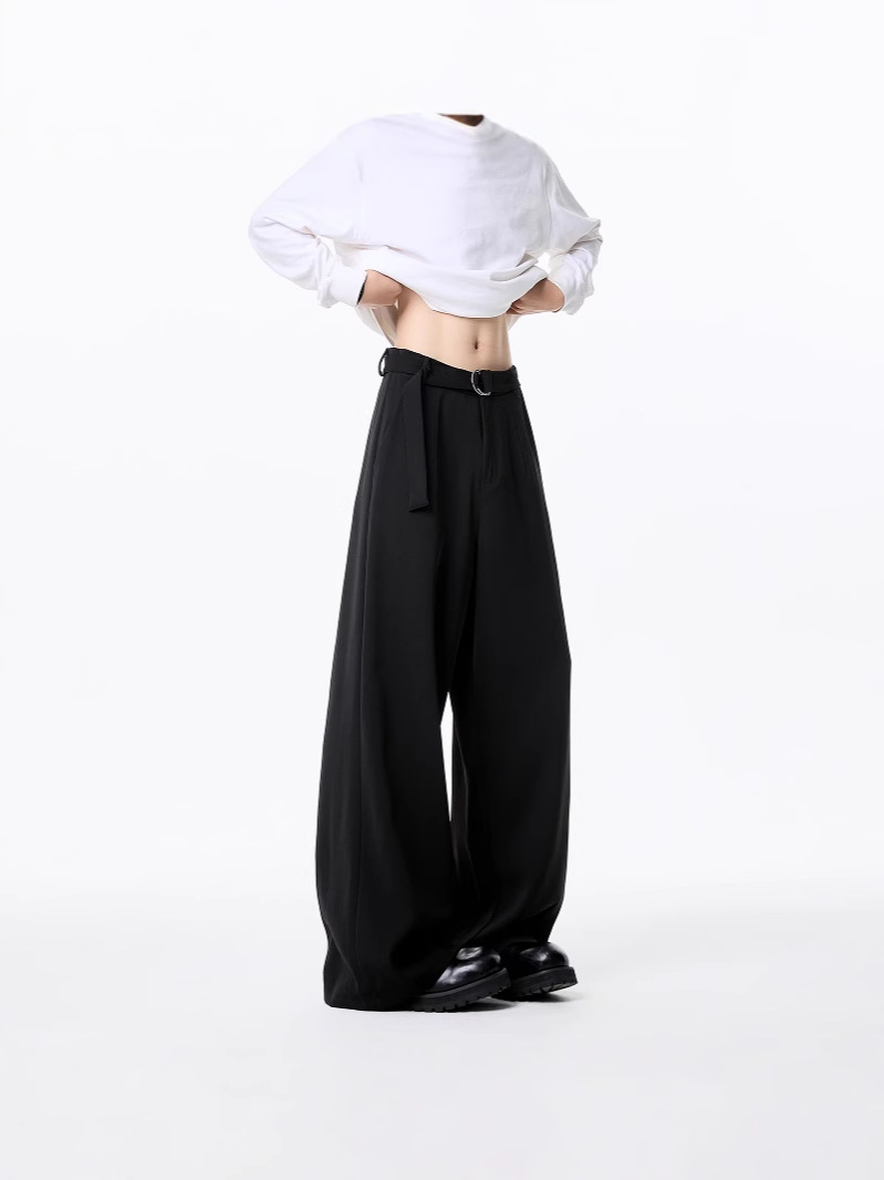 Men's Draped Wide-Leg Cropped Trousers, Trendy High-End Casual Brand, Loose Fit Straight-Leg Pants with a Fashionable Flowing Silhouette
