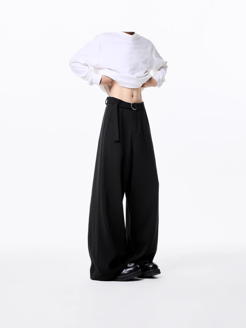 Men's Draped Wide-Leg Cropped Trousers, Trendy High-End Casual Brand, Loose Fit Straight-Leg Pants with a Fashionable Flowing Silhouette