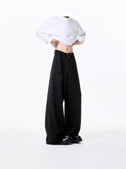 Men's Draped Wide-Leg Cropped Trousers, Trendy High-End Casual Brand, Loose Fit Straight-Leg Pants with a Fashionable Flowing Silhouette