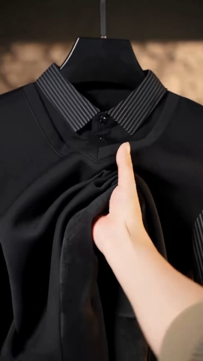 Men's Fleece Lined Faux Two-Piece Striped Polo Shirt – Thickened Knit Long Sleeve for Fall/Winter, Trendy and Warm, Perfect for Casual or Semi-Formal Wear