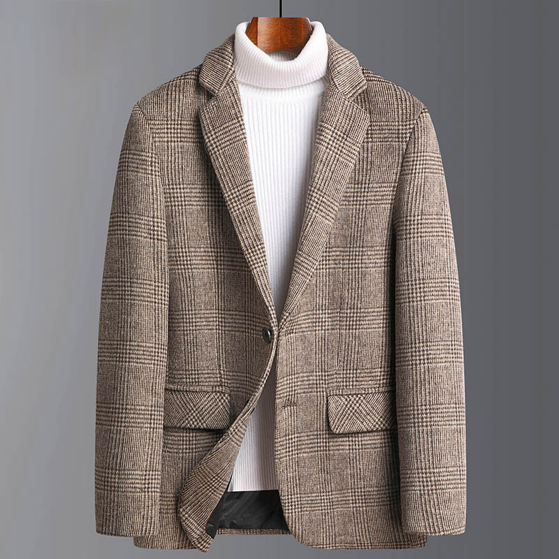 Men's Heavyweight Wool Blend Tweed Blazer, Winter Vintage Checkered Overshirt, Warm Jacket
