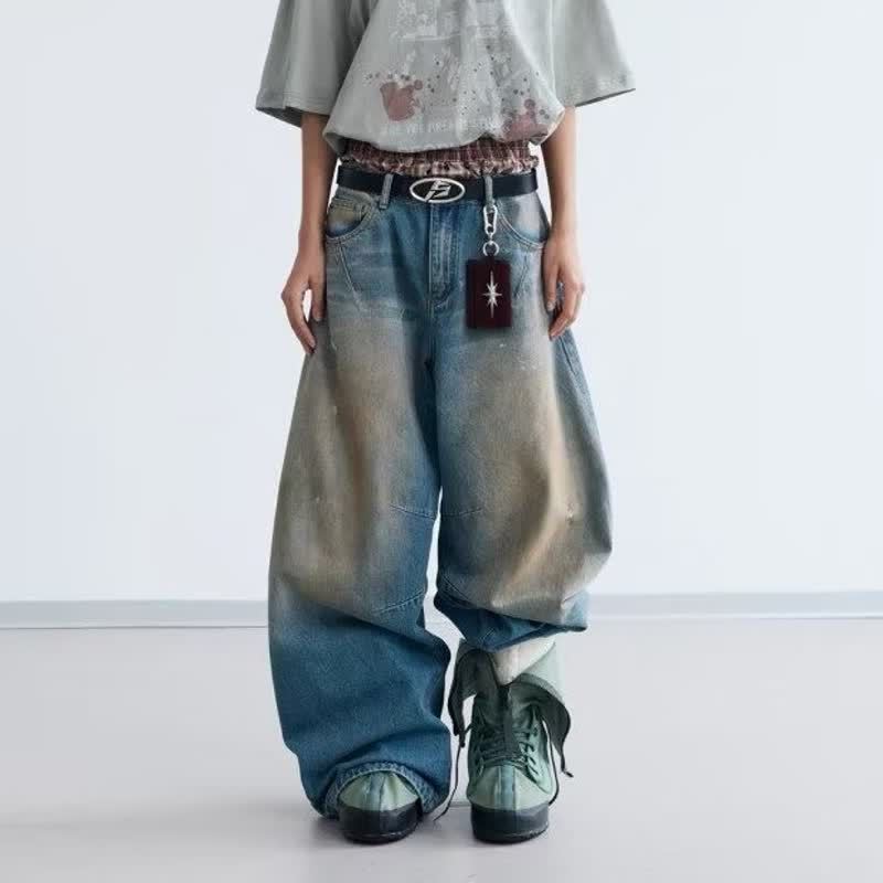 Men's Retro American High-Waist Curved-Cut Jeans – Fall & Winter Loose Wide-Leg Streetwear Denim Pants, Slimming Draped Trousers with High-Fashion Design