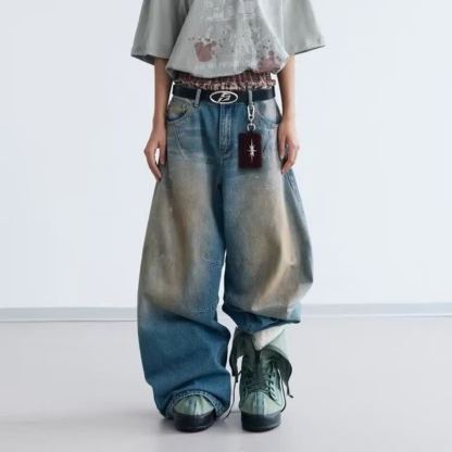 Men's Retro American High-Waist Curved-Cut Jeans – Fall & Winter Loose Wide-Leg Streetwear Denim Pants, Slimming Draped Trousers with High-Fashion Design