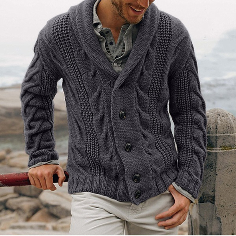 Men Solid Casual Cardigan Long Sleeve Single-Breasted Turndown Sweater