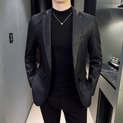 Spring New Men's PU Leather One-Button Blazer Stylish Slim Business Casual Jacket