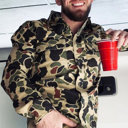 Men's Retro Color Block Stripe Printed Loose Long Sleeve Shirt 