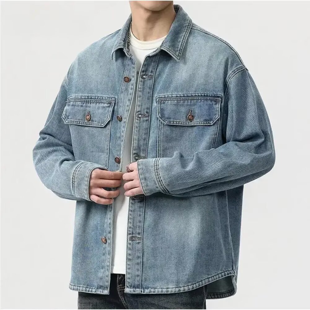Spring Fall New Men's Washed Vintage Denim Shirt Jacket Casual Streetwear Outerwear