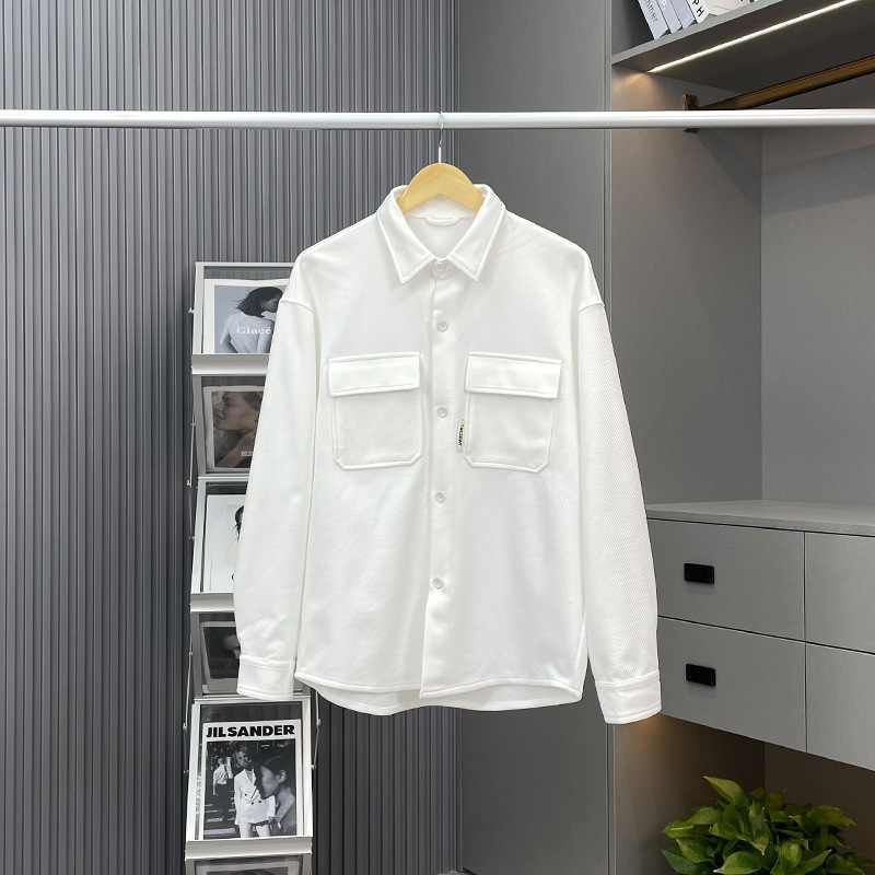 Spring Fall New Men's Casual Twill Shirt Jacket with Double Pockets Long Sleeve Relaxed Fit