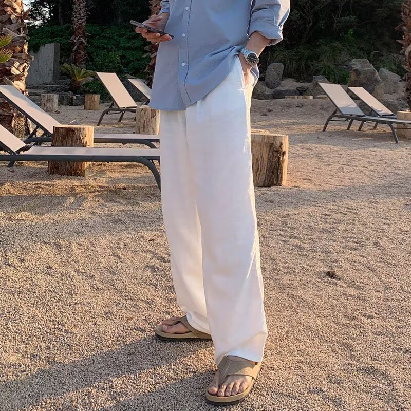 Men's Summer Linen Cotton Pants Lightweight & Flowing Wide-Leg Casual Trousers, Perfect for Hot Weather, Versatile & Comfortable