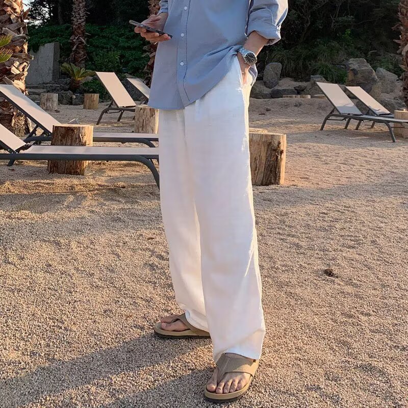 Men's Summer Linen Cotton Pants Lightweight & Flowing Wide-Leg Casual Trousers, Perfect for Hot Weather, Versatile & Comfortable