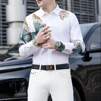 Men’s Street Style Slim Fit Floral Shirt 3D Digital Print Long Sleeve Lapel Casual Fashion Top