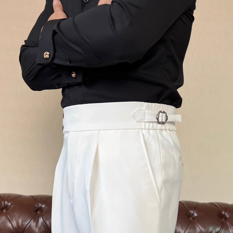 Men’s Italian Naples Style High-Waist Trousers Elegant Cropped Wide-Leg Dress Pants with Relaxed Fit
