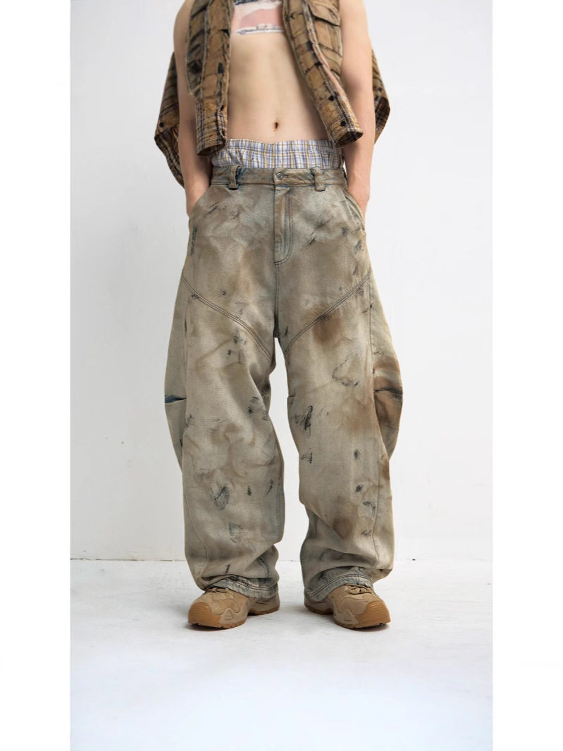 Men’s Washed Vintage Wide-Leg Jeans Heavy Washed Loose Fit Denim Curved Blade Cut Trousers