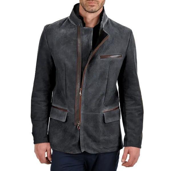 Autumn Winter Men's Solid Color Zip-Up Jacket with Flap Pockets Warm Casual Outerwear