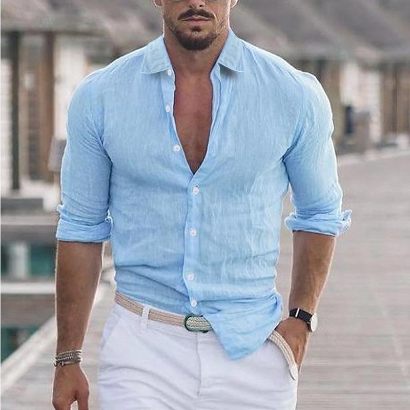 Men's Summer Cotton Linen Long Sleeve Shirt Casual Solid Color Beachwear Hawaiian Holiday Style