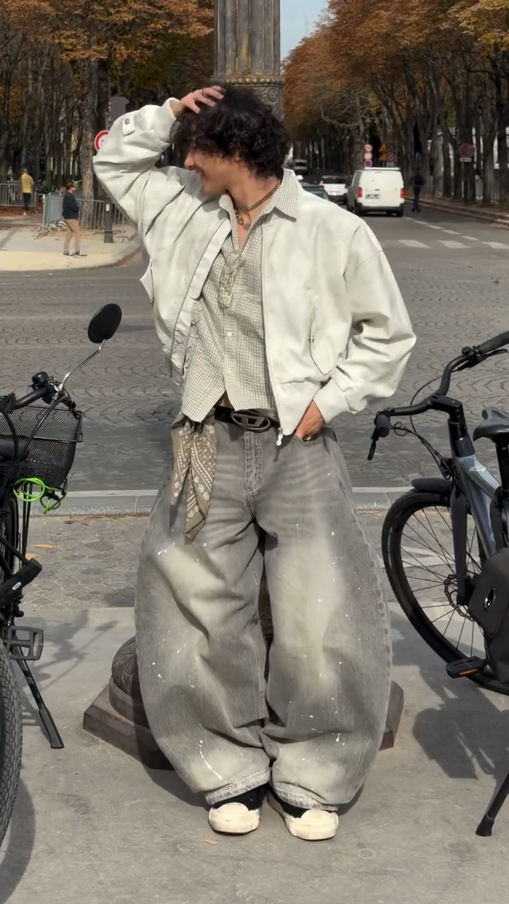 Men's Gray Splatter Denim Jeans Loose Straight Wide-Leg Washed Vintage American Street Style