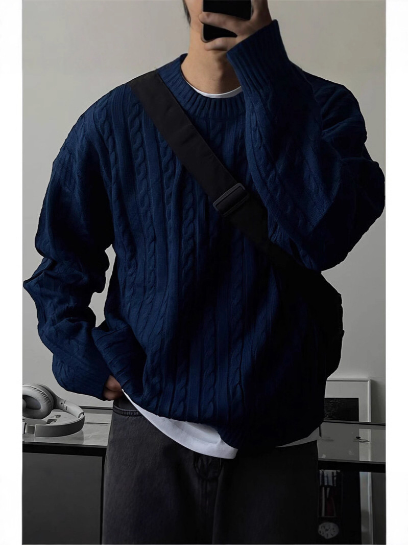 Men's Winter Chunky Cable Knit Sweater Loose Fit Warm Crew Neck Pullover Knitwear