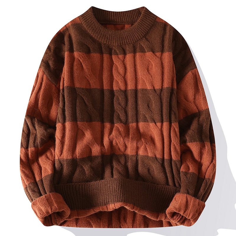 Men's Thick Striped Color-Block Sweater – Classic Crew Neck Pullover Knitwear, Warm and Casual American Street Style