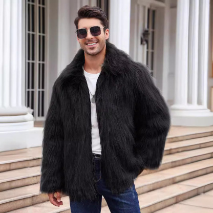 Men’s Short Faux Fur Jacket with Lapel Collar – Warm Plush Outerwear for Fall and Winter Street Style