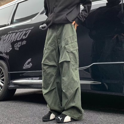 Men’s Vintage Cargo Pants – Spring Fall Loose Straight-Leg Workwear Trousers with Big Pockets, Retro Streetwear Style