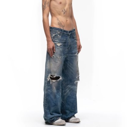 Men’s Vintage American Style Loose Fit Jeans – Distressed Ripped Denim Trousers with Relaxed Draping Silhouette