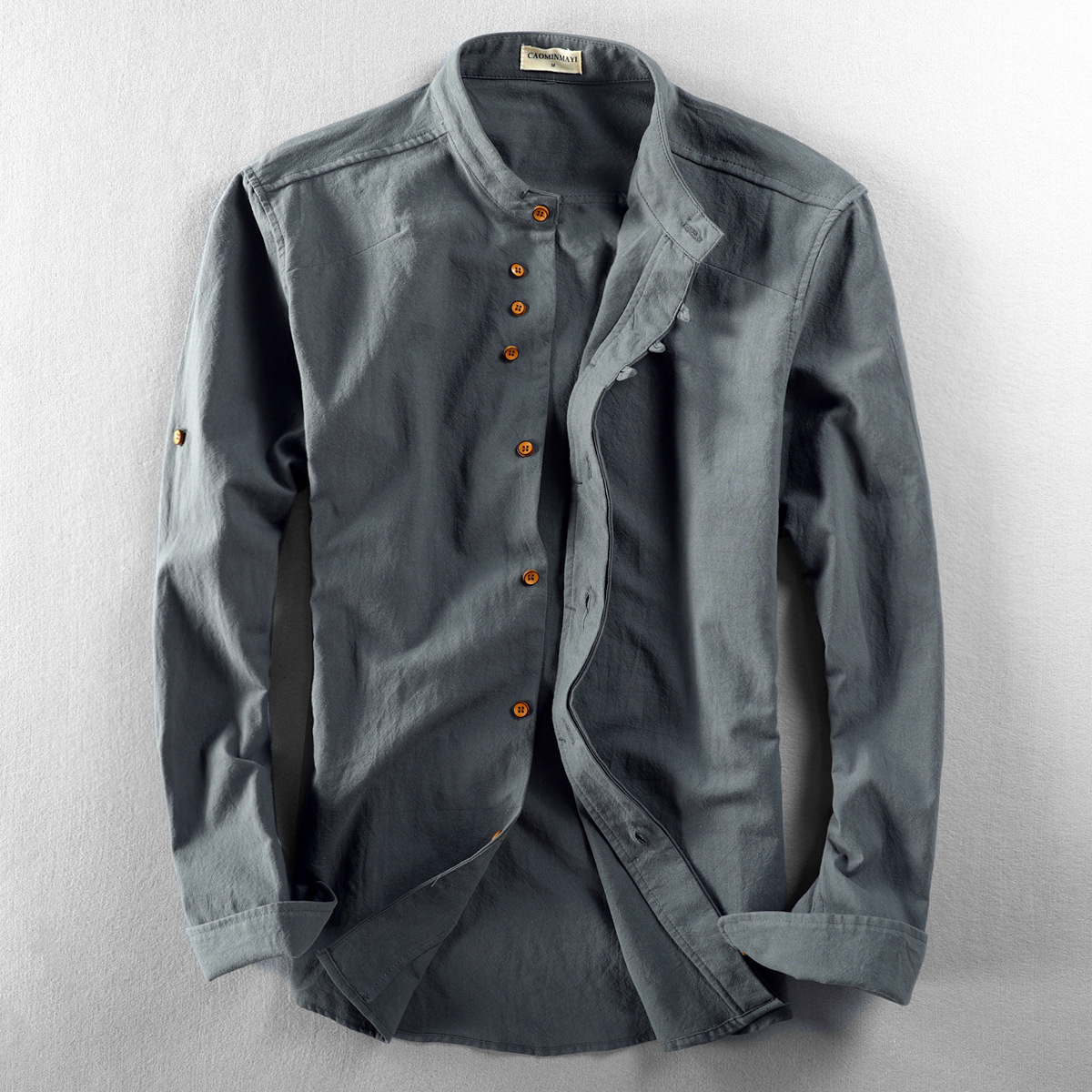 Men's Casual Stand-Up Collar Cotton And Linen Shirt