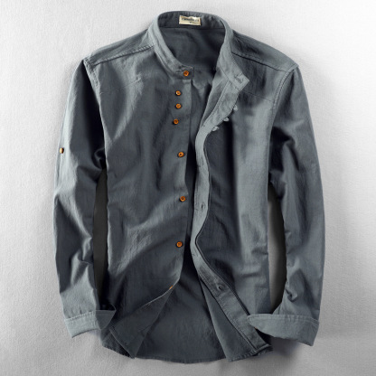 Men's Casual Stand-Up Collar Cotton And Linen Shirt