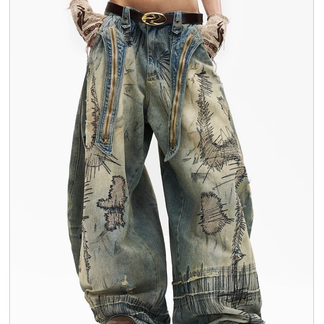 Unisex American Street Style Heavy-Stitch Jeans | Washed & Distressed Wide-Leg Denim | Grunge Techwear Blade Pants