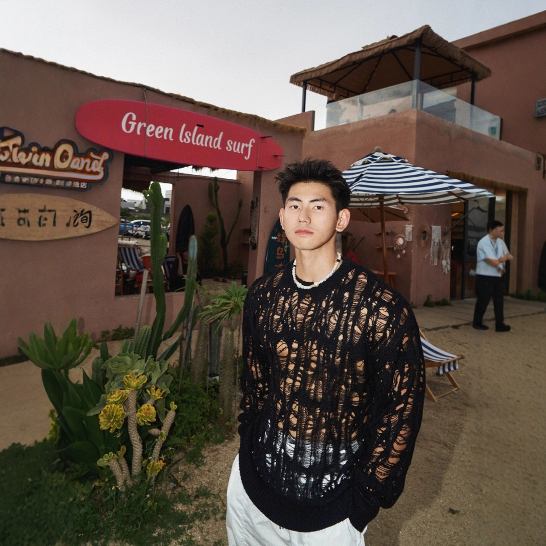 Men’s Hollow Out Knit Sweater – Loose Fit See-through Mesh Pullover with Fringe Details, Wabi-Sabi Aesthetic Street Style