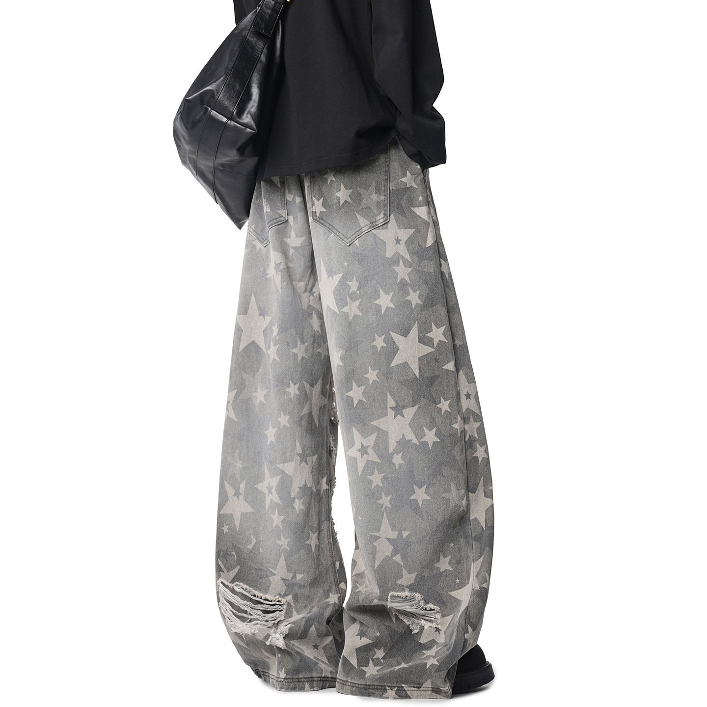 Unisex Vintage Star Print Distressed Jeans – American Retro Punk Style Wide-Leg Denim Pants for Streetwear Lovers