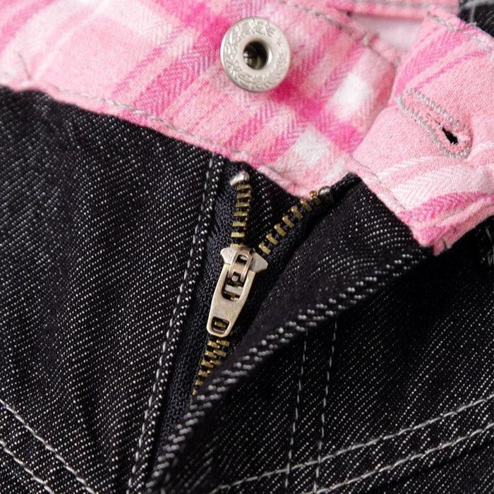 Unisex Checkered Wide-Leg Jeans – Vintage Loose Fit Straight Denim Pants for Casual and Streetwear Style