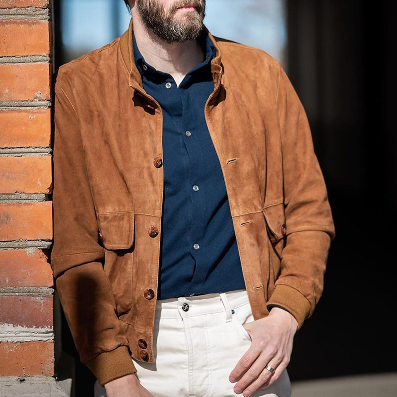 New Men's Fall And Winter Stand Collar Jacket, British Style Autumn Coat, Brown Single-Breasted Autumn Outerwear with Large Pockets