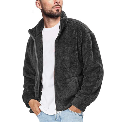 Minimalist Men's Warm Plush Jacket Coat, Solid Color Stand Collar Zip Front Sweatshirt, Casual Fall Winter Outerwear for Everyday Wear