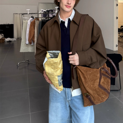 New Men's Vintage Bomber Jacket, Classic American Style Inspired Stand Collar Zip Up Coat, Casual Workwear Inspired Fall Outerwear