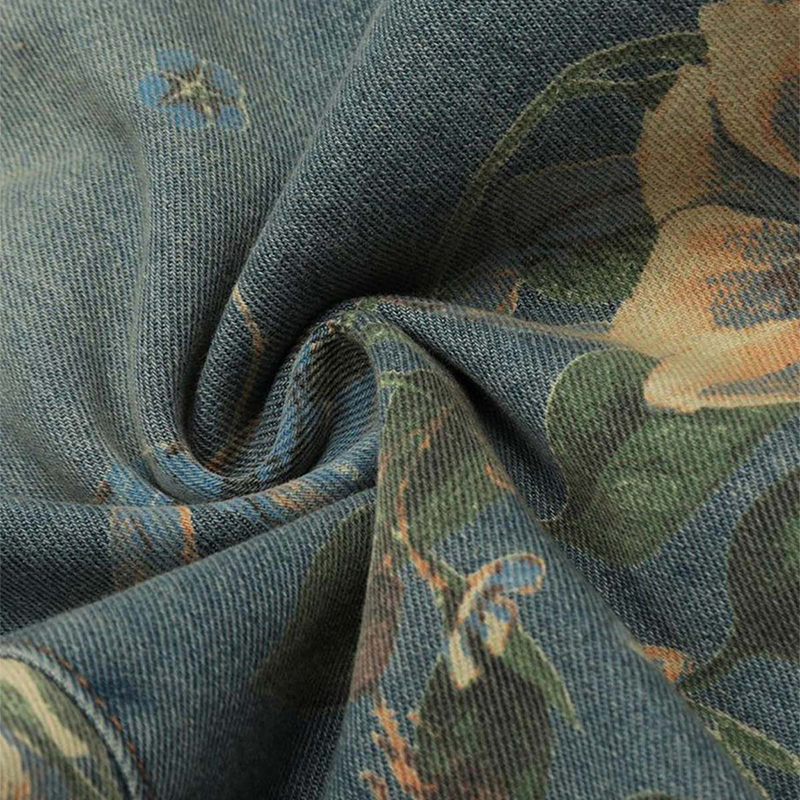 Men's Vintage All-Over Floral Print Washed Jeans, Casual Streetwear Wide Leg Denim Pants